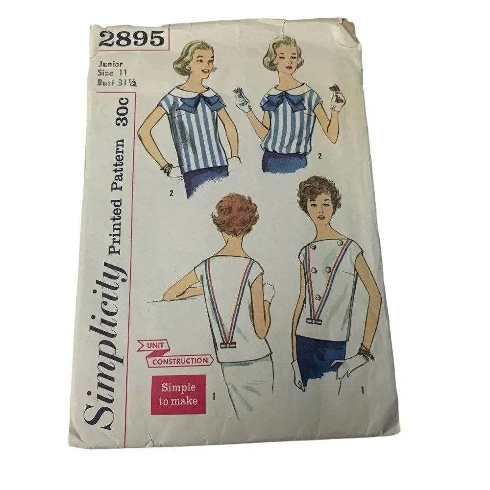 Vintage 60s Simplicity 2895 Pattern Junior Teen 10-16 Nautical Blouse Top